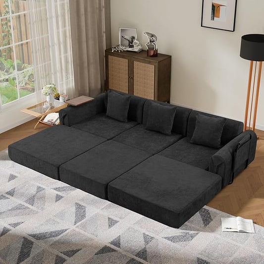 100" Convertible Sleeper Sofa Bed, Oversized Modular Sectional Cloud Sofa with Fixed-Shape Frame & Tabletop, Boneless Couch with Storage Pocket for Living Room, No Assembly Required, Black
