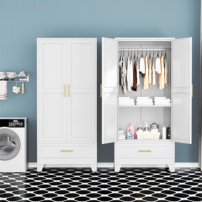 GAIOUS Steel Armoire Wardrobe Closet with 2 Doors, 71" Household Wardrobe Cabinet with Hanging Rod and Drawers, Metal Clothing Storage Cabinet with Adjustable Shelf for Bedroom, Cloak Room, Gym(White)