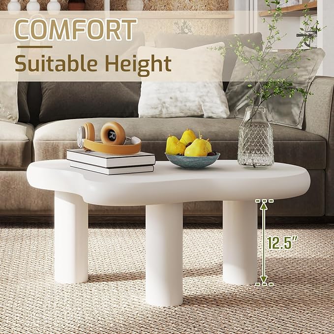 HollyHOME 34" Cloud Wood Coffee Table - 3-Leg Modern Accent Center Table for Living Room Bedroom Balcony Patio, Cream White