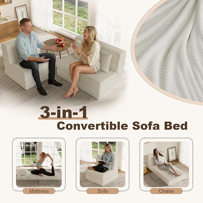 Folding Sofa Bed, Convertible Sleeper Chair & Couch Bed with Pillow, One-Piece High-Density Sponge Mattress, Multi-Purpose Corduroy Floor Sofa for Living Room, Office, Apartment, Beige, Single