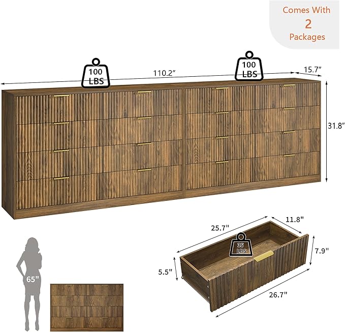 Dresser for Bedroom Set of 2, Large Dresser with 16 Drawers, Fluted Modern Bedroom Furniture Set, TV Stand Dressers & Chests of Drawers for Closet, Walnut(15.7" D x 110.2" W x 36" H)