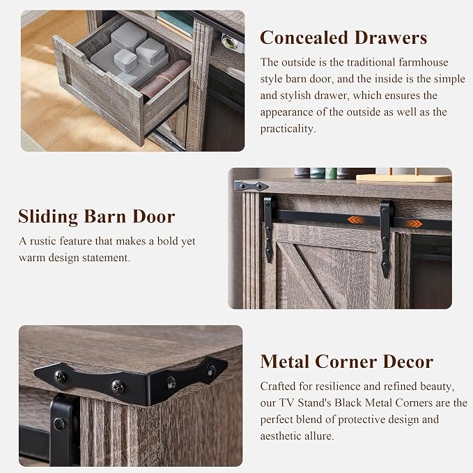 JXQTLINGMU Farmhouse Fireplace TV Stand for 80 Inch TV, 32" Tall Entertainment Center w/Drawer & Sliding Barn Door, 70 Inch Highboy Media Console for Living Room, Grey Wash - Image 6