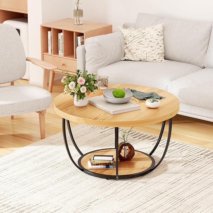 ROOMTEC 31.5" Round Coffee Table, 2-Tier Coffee Tables for Living Room, Small Wood Coffee Table with Storage, Modern Accent Center Table for Living Room & Kitchen
