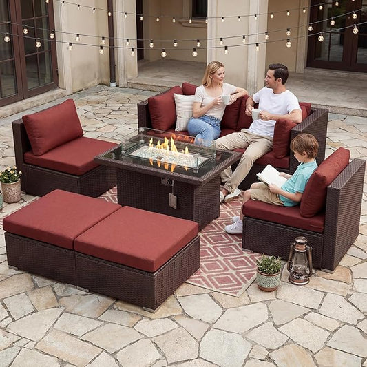 NICESOUL 7 Piece Outdoor Sofa Sectional with Firepit Natural Gas & Propane, Extra Large Patio Furniture Set for Heavy People, Deep Modular Wicker Conversation Sitting, Brown Rattan and Red Cushion