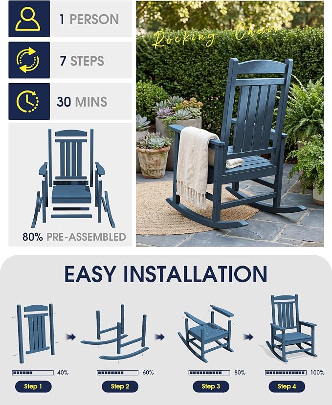 KINGYES Oversized HDPE Patio Rocking Chair Set of 4, Outdoor Rocking Chairs Porch Rocker for Adults, Navy - Image 7