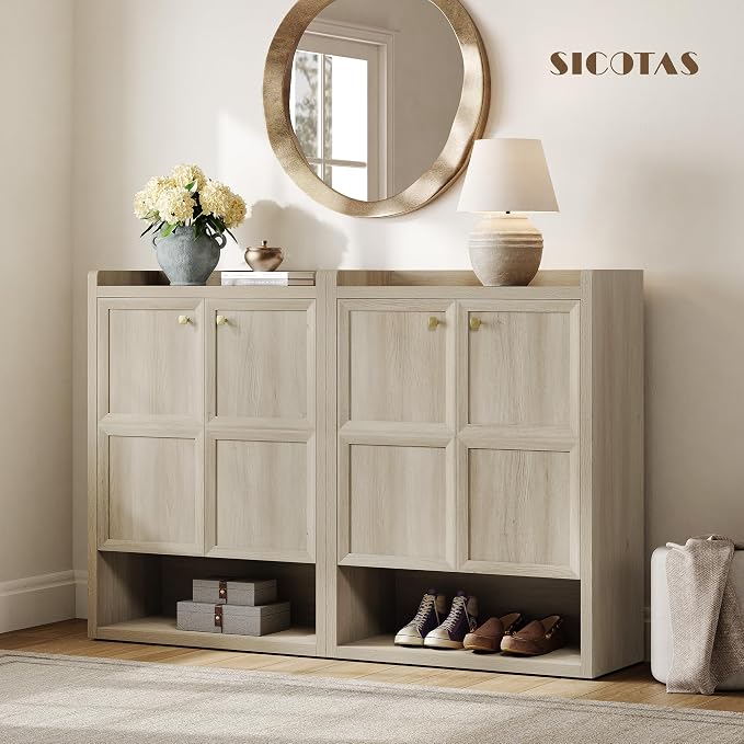 SICOTAS Shoe Cabinet Storage for Entryway - 48-Pair Shoe Cabinets with Doors and Adjustable Shelves, Farmhouse Large 7-Tier Shoes Storage Cabinet for Mudroom Closet Hallway, Grey White Oak, 2PCS - Image 3