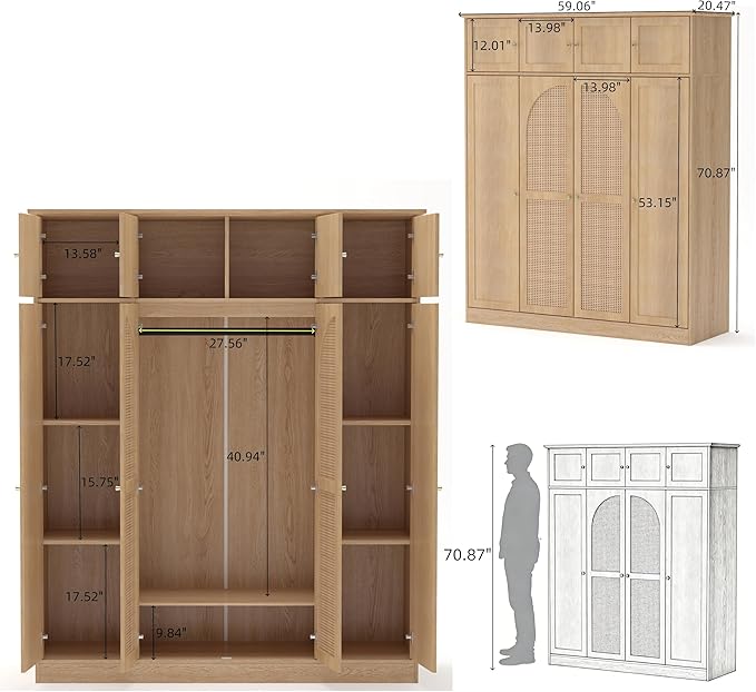 4 Doors Large Armoire Wardrobe Closet with Rattan Doors, 70.87" Tall Freestanding Wooden Closet Wardrobe Cabinet with Hanging Rod and Adjustable Shelves, Clothing Storage Cabinet for Bedroom, Natural