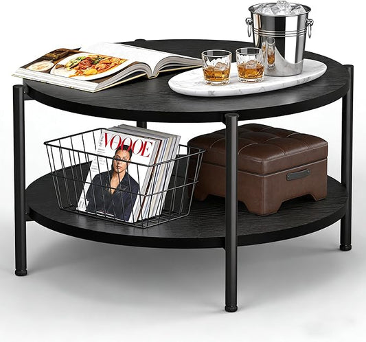 Coffee Table, 2 Tiers Round Coffee Table, Black Modern Coffee Table for Living Room, Small Space Friendly (Sturdy Metal Frame, Easy Assembly) 27.5x17.7in