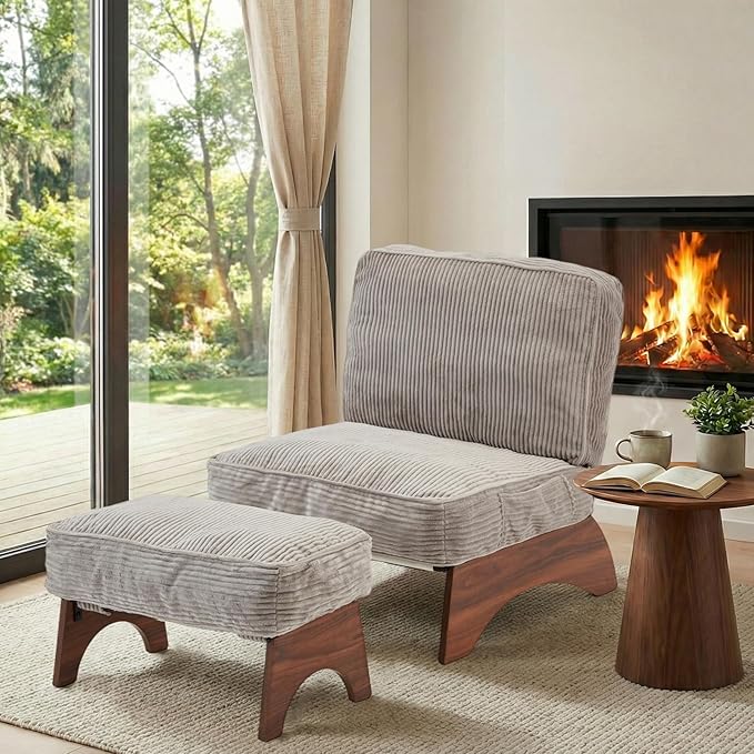 EROMMY Accent Chair with Ottoman, Modern Corduroy Living Room Chair with Adjustable Backrest & Footrest Set, Comfy Reading Chair for Living Room Bedroom Reading Room Guestroom, Gray