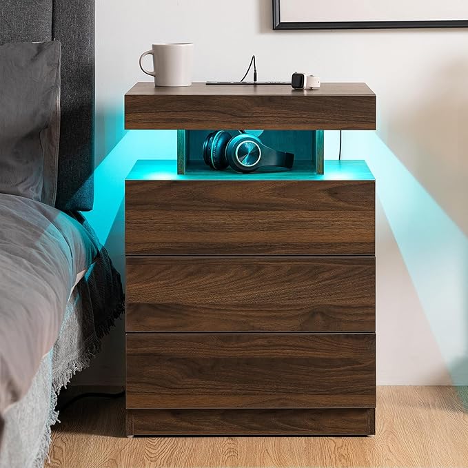 HOMMPA Set of 2 Rustic Brown Nightstands with Wireless Charger Station LED Bedside Table with 3 Drawers Walnut Wood End Table with Open Shelf Smart Nightstand Tall Night Stand with Light for Bedroom - Image 9