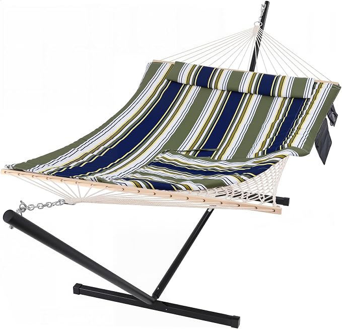 SUNCREAT Hammocks Double Outdoor Hammock with Stand, Cotton Rope Two Person Hammock with Polyester Pad & Large Pillow, Blue& Gray by SUNCREAT