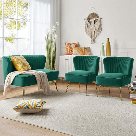 HULALA Home 3 Piece Velvet Living Room Furniture Set, Modern Comfy Upholstered Chair Set with Golden Legs, Include Loveseat & 2 Accent Chairs for Bedroom, Green Tufted 2-Seater Sofa & Armless Chairs