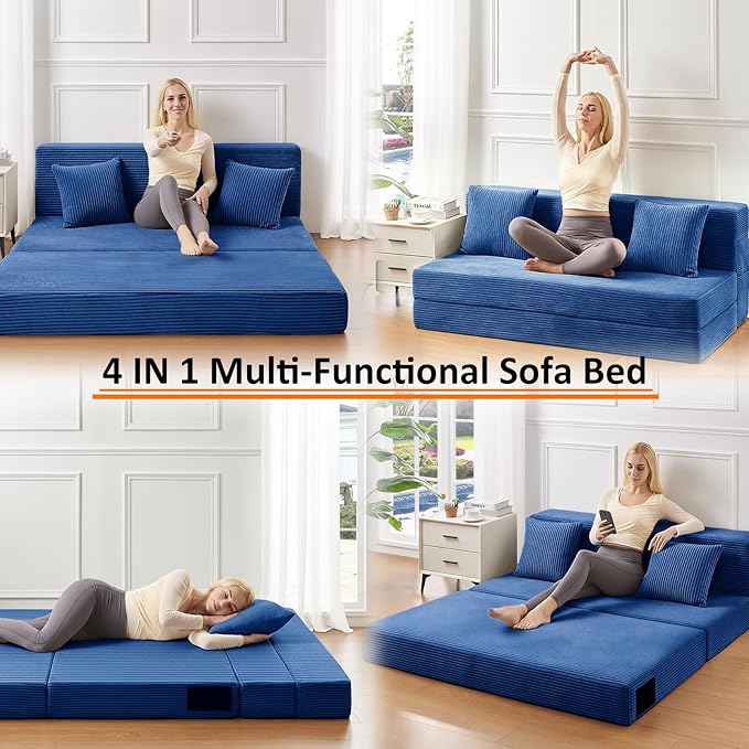 Queen Size Folding Sofa Bed - 4 in 1 Convertible Sleeper Chair with Two Pillows - High Density Memory Foam Futon Couch - Foldable Bed for Living Room Bedroom (Blue)