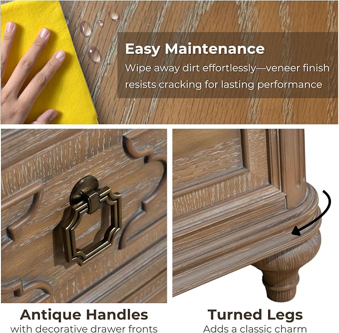 Furniture of America Weile Art Deco Solid Wood 29-inch Nightstand, Bedside Table with USB Ports, Antique Handles and Turn Legs, Wooden Night Stand for Bedroom, Guest Room, Dorm, Rustic Oak - Image 6