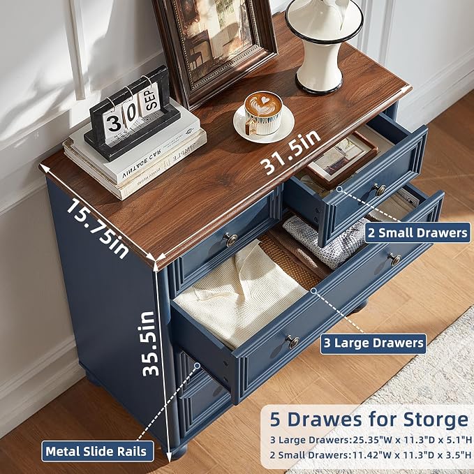 RWYHG Farmhouse 5 Drawer Dresser, Blue Rustic Chest of Drawers, 35.5" Tall Small Dressers for Bedroom with Roman Column and Metal Handles,Wood Storage Organizer for Living Room, Hallway, Closet - Image 2