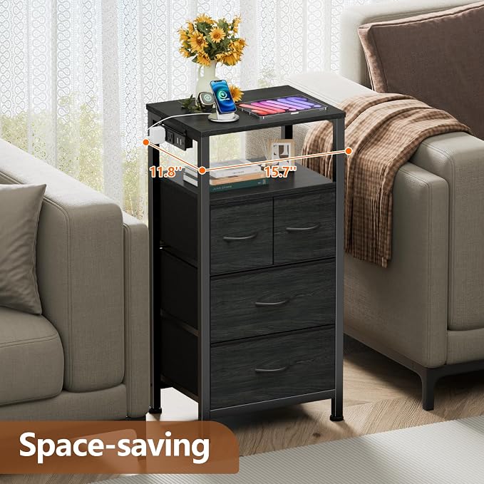 Furnulem Tall Night Stand with Charging Station and Led Light, Small Dresser with Open Shelf and 4 Storage Drawers, Black Side Table Fabric Nightstand for Bedroom, Entryway, Bedside Furniture | and Led Light, Open Shelf, 4 Storage Drawers, for Bedroom,... - Image 6