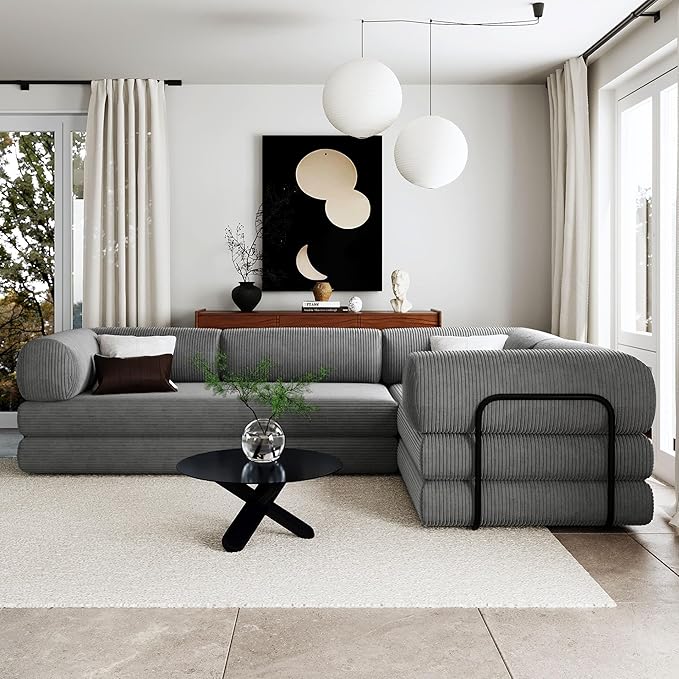Merax L-Shaped Modular Sofa Bed in Corduroy Fabric, Convertible Sleeper Sofa Bed, 4 Seat Floor Couch for Living Rooms and Apartments, No Assembly Required, Gray