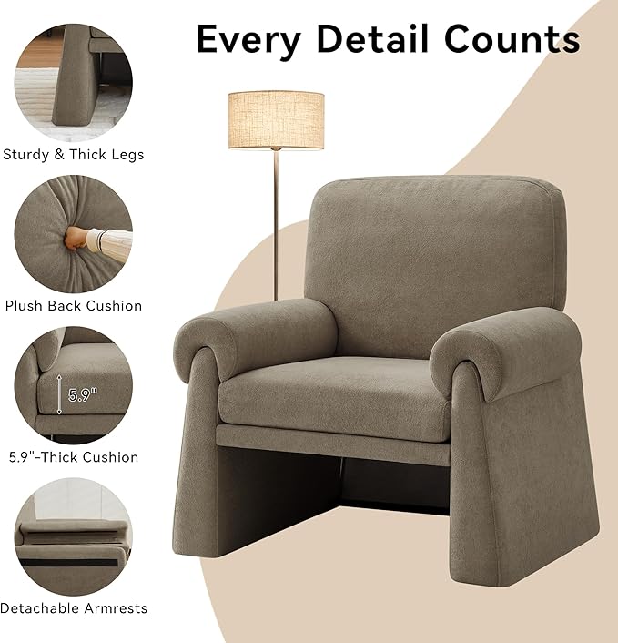 Accent Chairs Set of 2, Modern Living Room Chairs, Comfy Single Sofa Chair with Thick Cushion and Armrests, Upholstered Reading Club Chair, Arm Chair for Living Room Bedroom, Grey