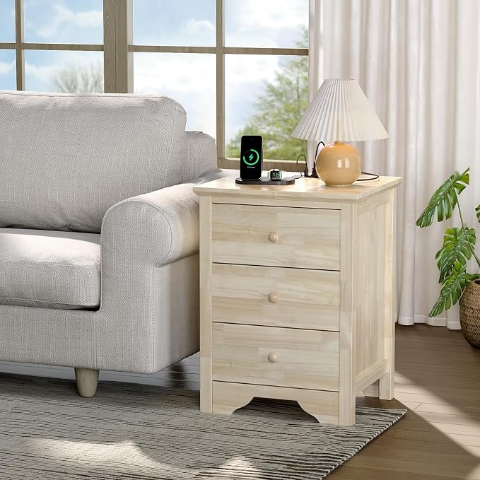 Bonnlo Solid Wood Nightstand Unfinished for Color DIY, 18.54" W Nightstand with Charging Station, Nightstand with Drawers, Natural Wood Nightstands/Bed Side Table/End Table, Night Stand for Bedroom - Image 7