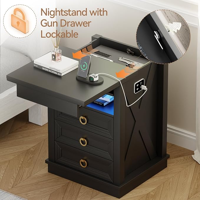 Lvifur Farmhouse Nightstand with Gun Drawer, Human Sensor LED Bedside Table with LED Lights & Charging Station, Rustic Wood Sofa Side End Table with 3 Drawers for Bedroom (Black) - Image 7