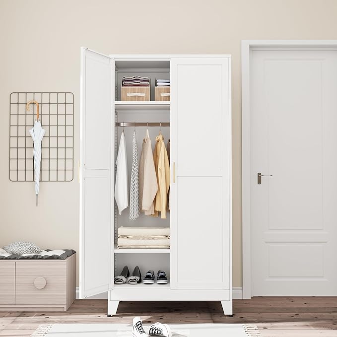Ckzbx 71" H Metal Armoire Wardrobe Closet, Adjustable Shelve, Clothes Drying Pole, Steel Wardrobe Cabinet for Bedroom (White)