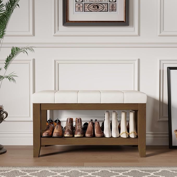 ABHENG Solid Rubber Wood Shoe Bench, Soft Chenille Material Upholstered Seat, 770LB Load Capacity, Multi-Storage for Entryway/Bedroom/Living Room, Vintage Style, 31.5"x15.7"x17.7", White,UASND66W - Image 4
