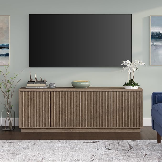 Henn&Hart Fluted TV Stand for TVs up to 75" with 2 Concealed Ribbed Storage Cabinets and Adjustable Shelves for Living Room, Family Room, or Office, Weathered Gray - Image 2