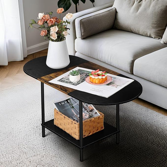 Farmhouse Oval Coffee Table with Storage, 2-Tier Wood Center Table for Living Room, Mid Century Modern Coffee Table Low Cocktail Tea Table for Small Space, Office, Apartment, Brown & Black