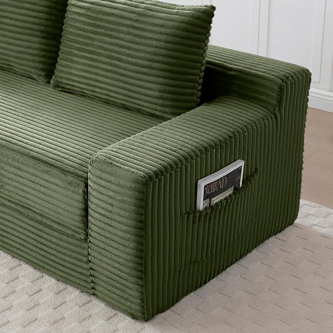 Convertible Sofa Bed, 2 in 1 Memory Foam Futon Couch, No Assembly Corduroy Foldable Sofa Bed, Comfy Floor Couch with 2 Pillows for Bedroom, Living Room, Apartment, Green