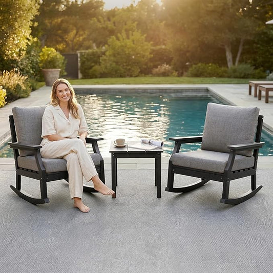 HDPE Patio Conversation Set, 3-Piece All Weather Outdoor Furniture Set with 2 Rocking Sofas for Deck, Lawn, with Cushion, Black