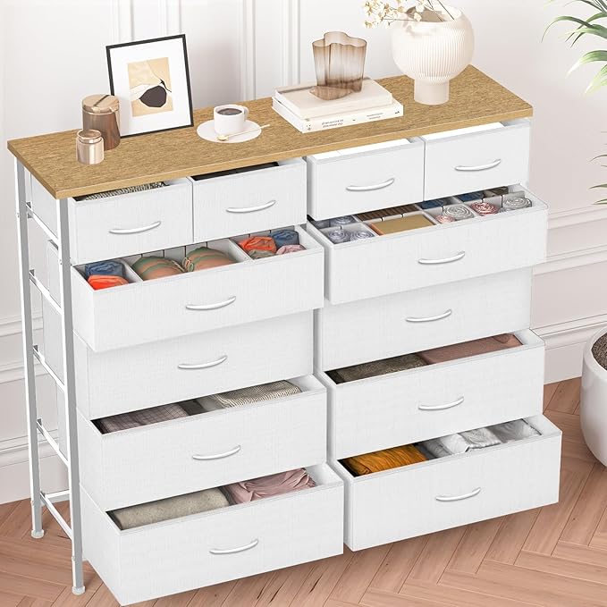 VASICAR Compact 12 Drawers Dresser for Bedroom, Fabric Storage Tower, Chest of Drawers with Retro Wood Top for Closet, Nursery, Living Room - Image 7