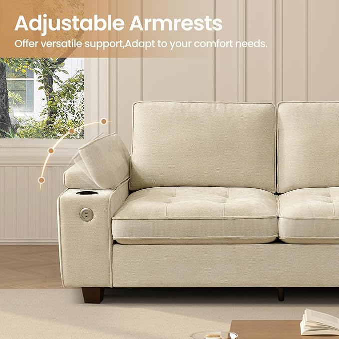 74" Loveseat Couch for Living Room, Modern Chenille Upholstered Sofa with Adjustable Armrest,Storage,Cup Holders,USB & Type-C Ports,Solid Wood 2-Seater Loveseat Sofa for Apartment(Beige)