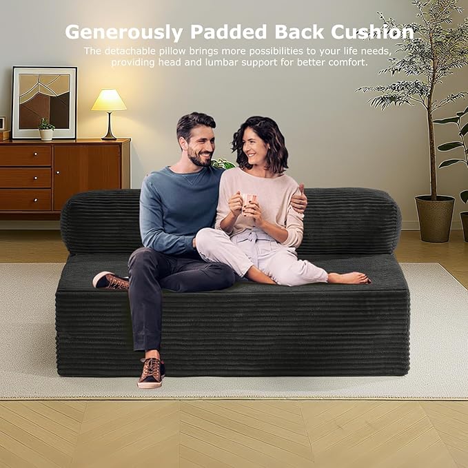 Folding Futon Sofa Bed Full Size, 6 inch Convertible Floor Couch Bed with Removable Corduroy Cover, Pull Out Couch for Small Spaces High-Density Foam,Black