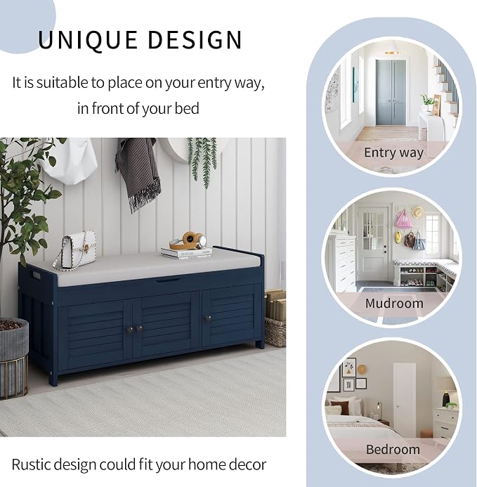 SOFTSEA Upholstered Storage Bench, Entryway Shoe Bench with Removable Cushion and Hidden Storage, Wooden Storage Ottoman with 3 Shutter-Shaped Doors for Entryway, Living Room, Bedroom, Blue - Image 4