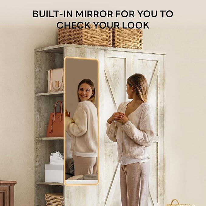 LIKIMIO Armoire Wardrobe Closet 70 Inches, Large Storage with Mirror, 2 Doors, Drawer, and Shelves, Modern Bedroom Freestanding Wooden Wardrobe Combination with Hanging Rail, Rustic Maple