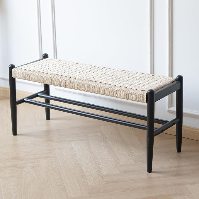 Solid Wood Entryway Bench with Shoe Storage, Rustic Oak Wood and Woven Design 39.4 Inch Long Seating for Living and Dining Rooms,Black - Image 3