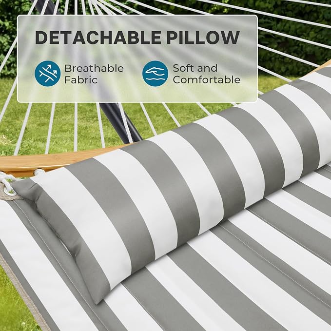 SUPERJARE Curved-Bar Hammock with Stand, 2 Person Heavy Duty Hammock Frame, Detachable Pillow & Portable Carrying Bag, Perfect for Outdoor & Indoor, Black and White Stripe - Image 4