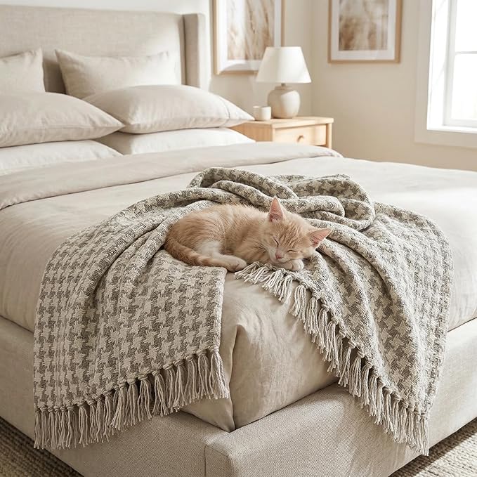 Americanflat 50x60 Throw Blanket - Soft and Breathable Cotton Throw Blanket for Couch, Bed, Chair - Decorative Blankets Perfect for Home, Office, or Outdoor Use - Cream and Beige Houndstooth Design