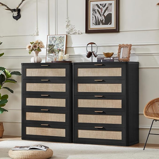 LEYAOYAO Rattan Dresser for Bedroom 41" Tall Chest of Drawers, Modern 5 Drawers Boho Dressers with Storage, Light Oak Dresser Wooden Closet Organizer for Living Room, Hallway, Boho Black by LEYAOYAO-Findtheshiningpointofyourideallife%EF%BC%81