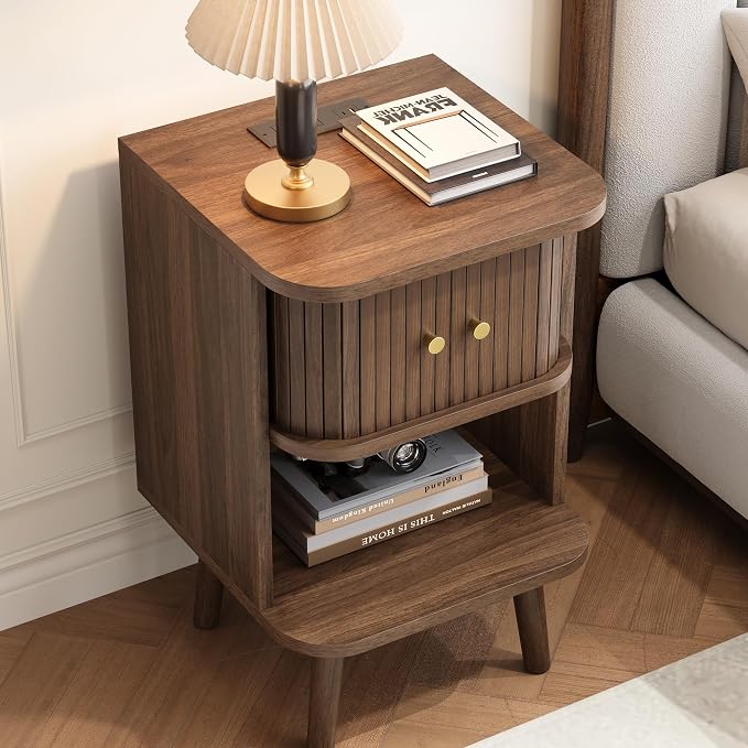 Decofy Fluted Nightstand, Mid Century Modern Bedside Table with Charging Station, Walnut End Tables with Sliding Tambour Doors, Storage Cabinet and Open Shelf for Bedroom, Walnut - Image 6
