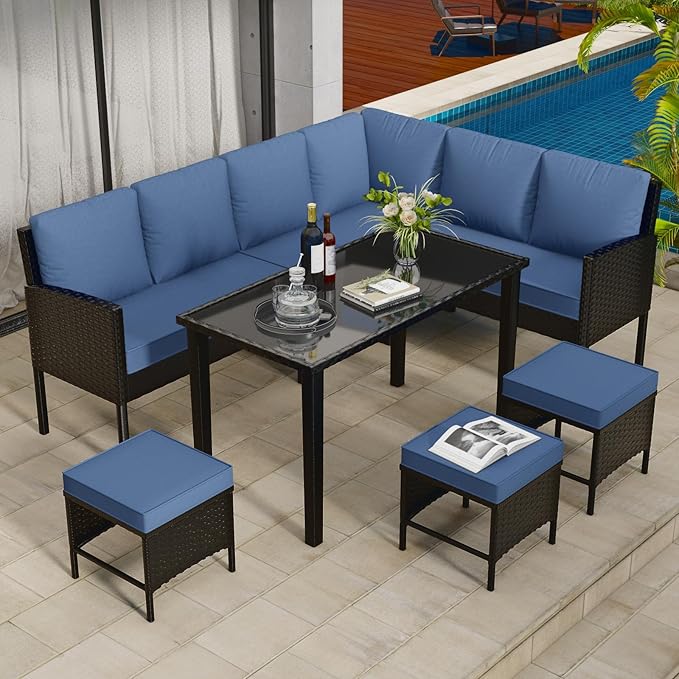 7-Piece Patio Furniture Set, Outdoor Couch with Dining Table & Ottomans, PE Rattan Sofa Set with Cushions for Deck, Yard, Poolside (Blue)