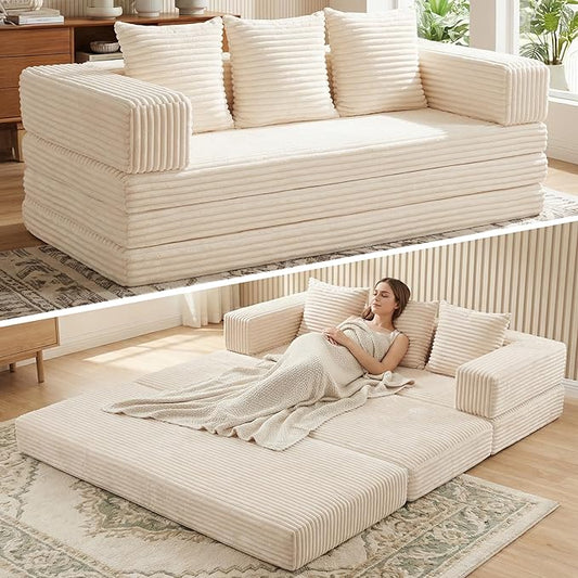 Convertible Sofa Bed Couch, 78’’ Oversized 4-in-1 Boneless Couches with Removable Armrests Backrest, Corduroy Futon Sofa Bed, Foldable Mattress Sleeper Sofa for Living Room Bedroom (Beige)