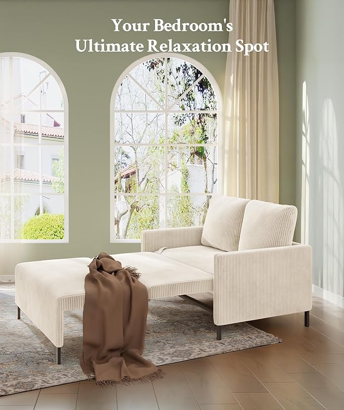 47.2" Convertible Sofa Bed Couch, Comfy Corduroy Couch Bed, All in 1 Loveseat Sleeper Sofa, Love Seat Sleeper Bed 2 Pillows, Modern Couches for Living Room/Apartment/Home/Office, Cream White