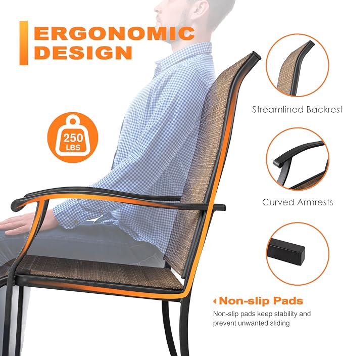 NUU GARDEN 4 Piece Outdoor Patio Dining Chairs, Textilene Dining Chairs with High Back, Patio Furniture Chairs with Armrest, Iron Frame for Lawn Garden Backyard Deck, Black and Brown - Image 7
