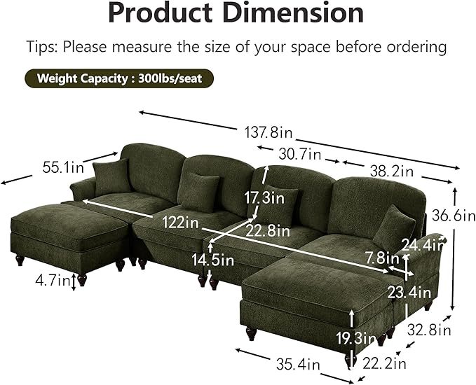 KEIKI Mid Century Modular Sofa with Flared Arms and Skirted Design, 137“ Oversized 4-Seater with 2 Ottomans Luxury Chenille U-Shaped Sectional Couches for Living Room, Chaise Lounge Indoor, Green