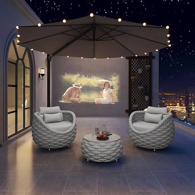 TWT Aluminum Modern Patio Set Three Seater Sofa Outdoor Furniture Set w/Coffee Table,Patio Conversation Set with Hand Woven Teslin Rope for Bedroom Backyard Poolside, Light Grey