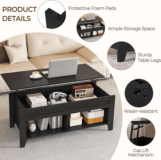 Yaheetech Black Wood Coffee Table Lift Top Coffee Table w/Hidden Storage & 2 Open Shelves for Living Room Reception Room Office, 39.5in L