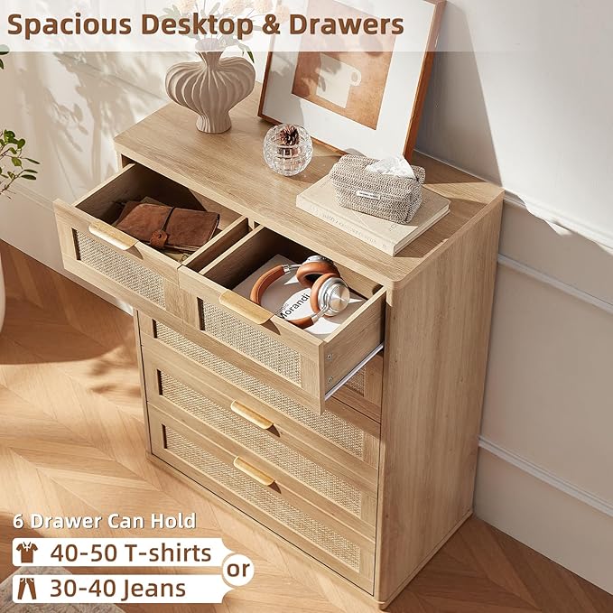 LEYAOYAO Rattan Dresser for Bedroom, 41" Tall Chest of Drawers, Modern 6 Drawers Boho Dressers with Storage, Light Oak Dresser Wooden Closet Organizer for Living Room, Hallway, Natural Wood - Image 5