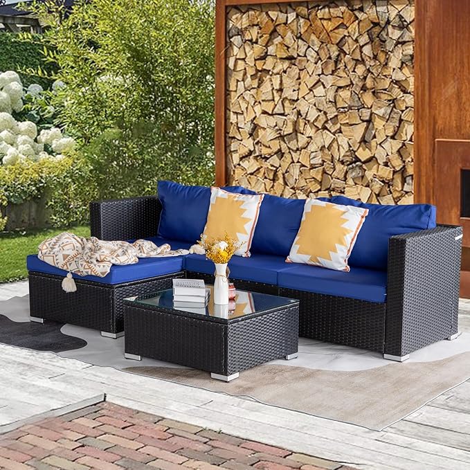5 Piece Rattan Patio Furniture Set, Outdoor Patio Conversation Set with Table,Soft Cushion and Backrest,Modern Chairs and Table Sets,Outdoor Furniture for Porch, Garden, Lawn,Black/Blue