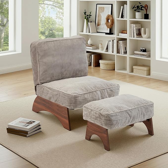 EROMMY Accent Chair with Ottoman, Modern Corduroy Living Room Chair with Adjustable Backrest & Footrest Set, Comfy Reading Chair for Living Room Bedroom Reading Room Guestroom, Gray